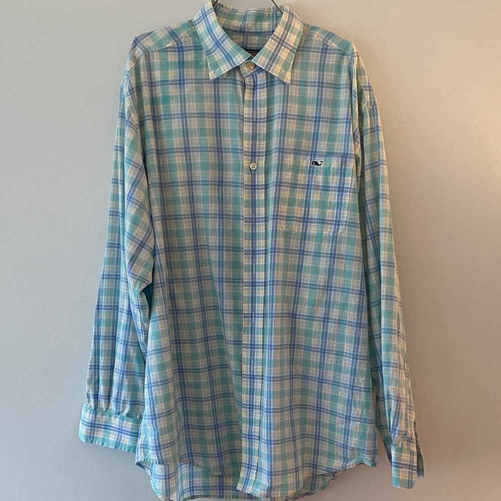 Vineyard Vines Men's Light Blue and Yellow Plaid Shirt